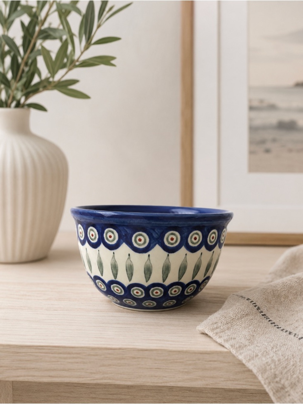 Handmade Polish Pottery Ceramic bowl ceramika artystyczna bowl Blue Green Leaves